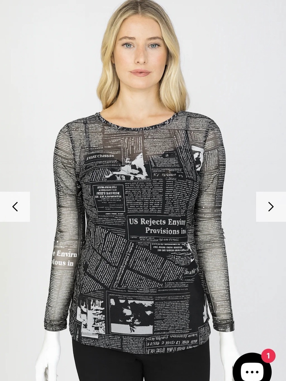 Ic Collection Sheer Mesh Top Black & White Newspaper Print Xl
